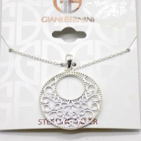 Giani Bernini 925 Sterling Silver Filigree Circle Pendant Necklace 18" Cut-Out