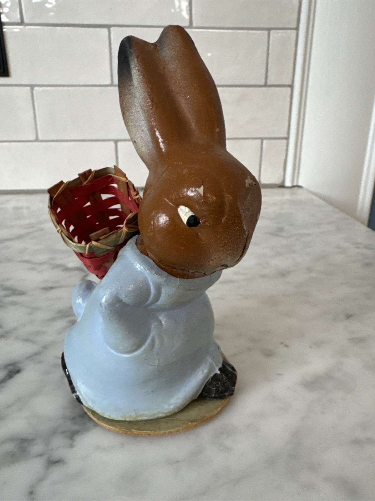 1900's Antique German Chalkware Composition Easter Bunny Rabbit with Basket