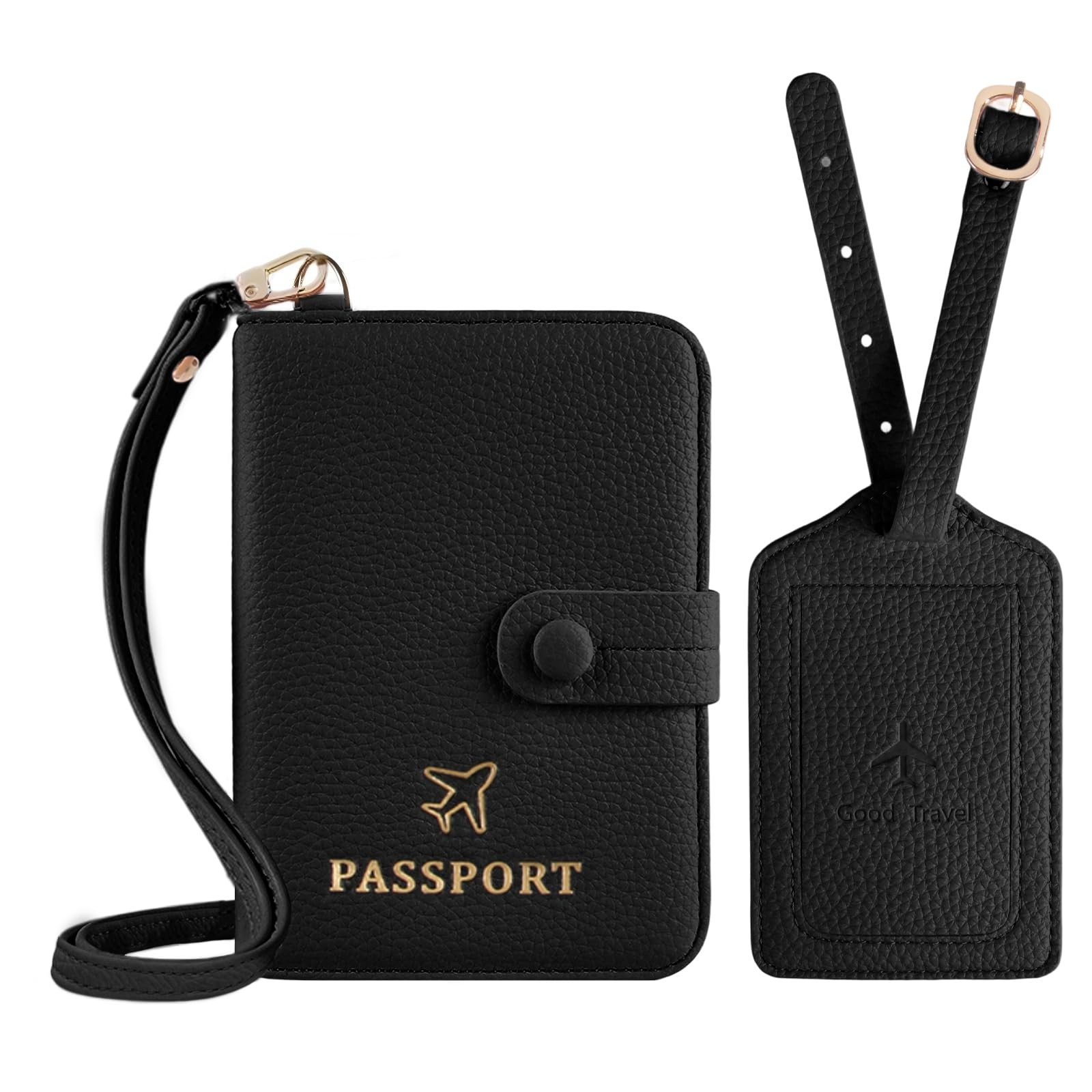 Leather Passport Holder Covers Case with Neck Lanyard and Luggage Tag Waterpr...