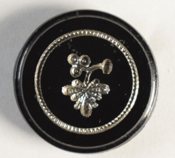 19th C. Glass Silver Inset Acorns & Leaves Brass Shank Button R149