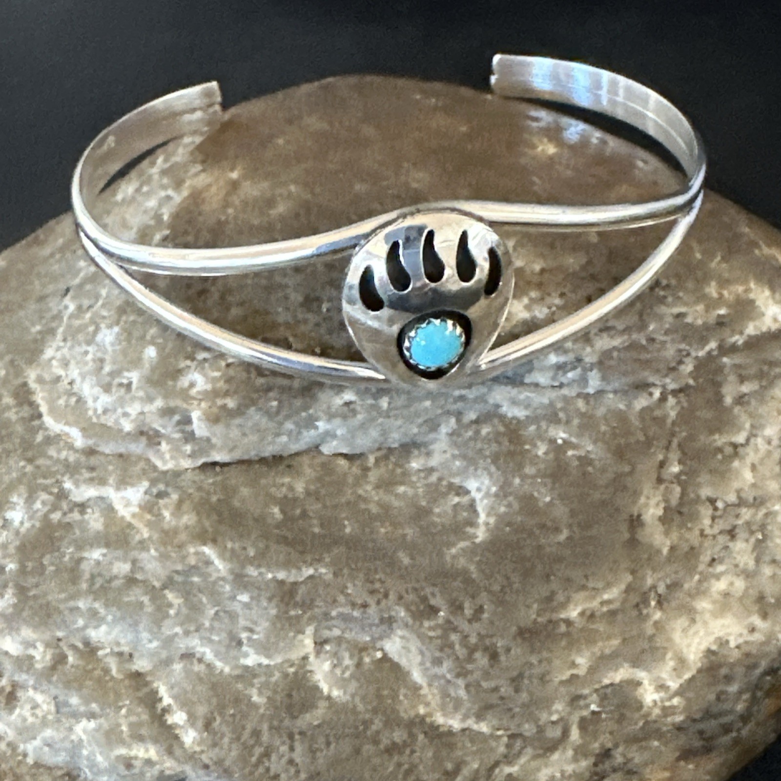Blue Turquoise Navajo Sterling Silver Shadow Box Bear Paw Cuff Bracelet 19290