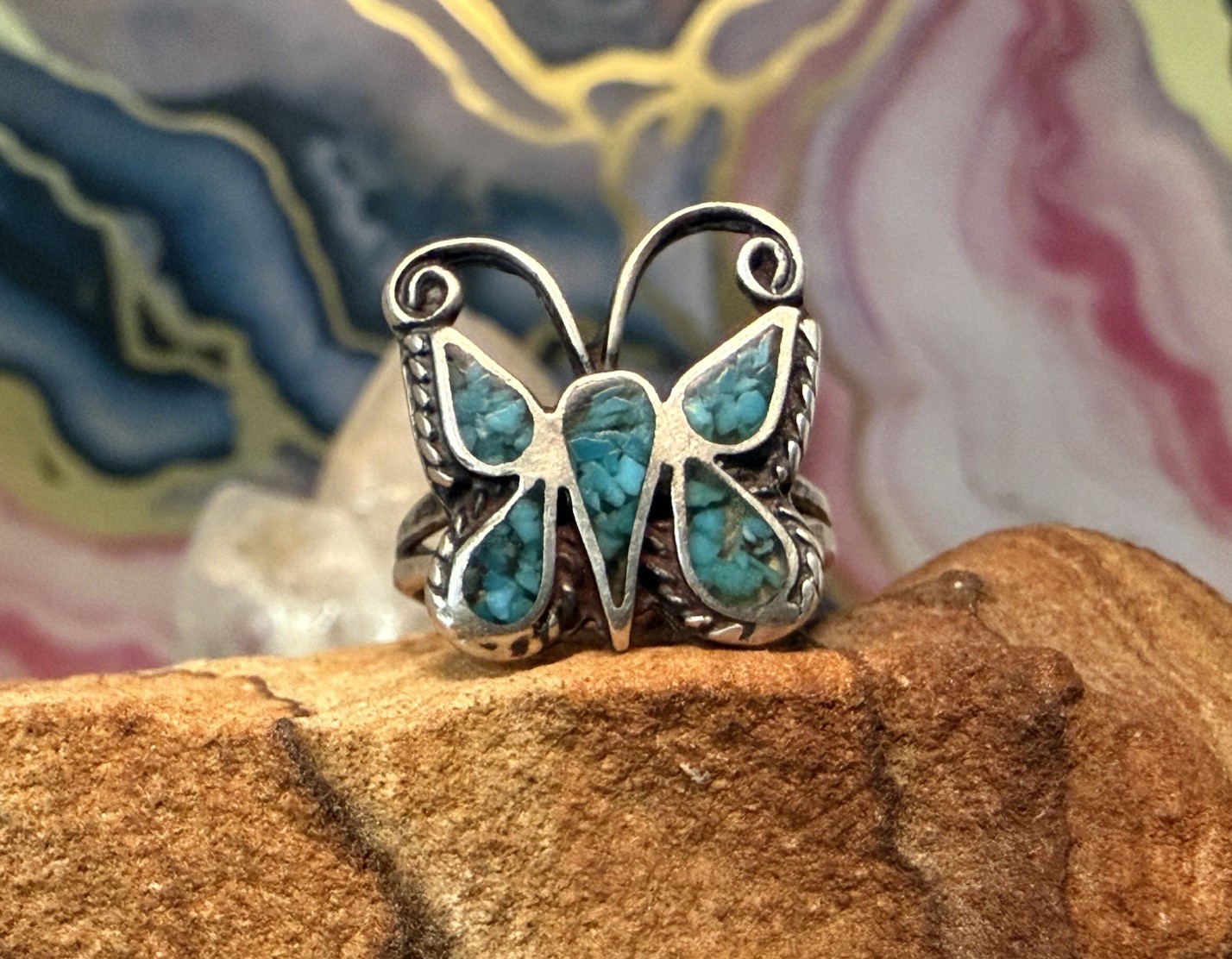 Old Pawn Native Sterling Silver Turquoise Inlay Butterfly Ring Sz 6.5 AN326-8 E