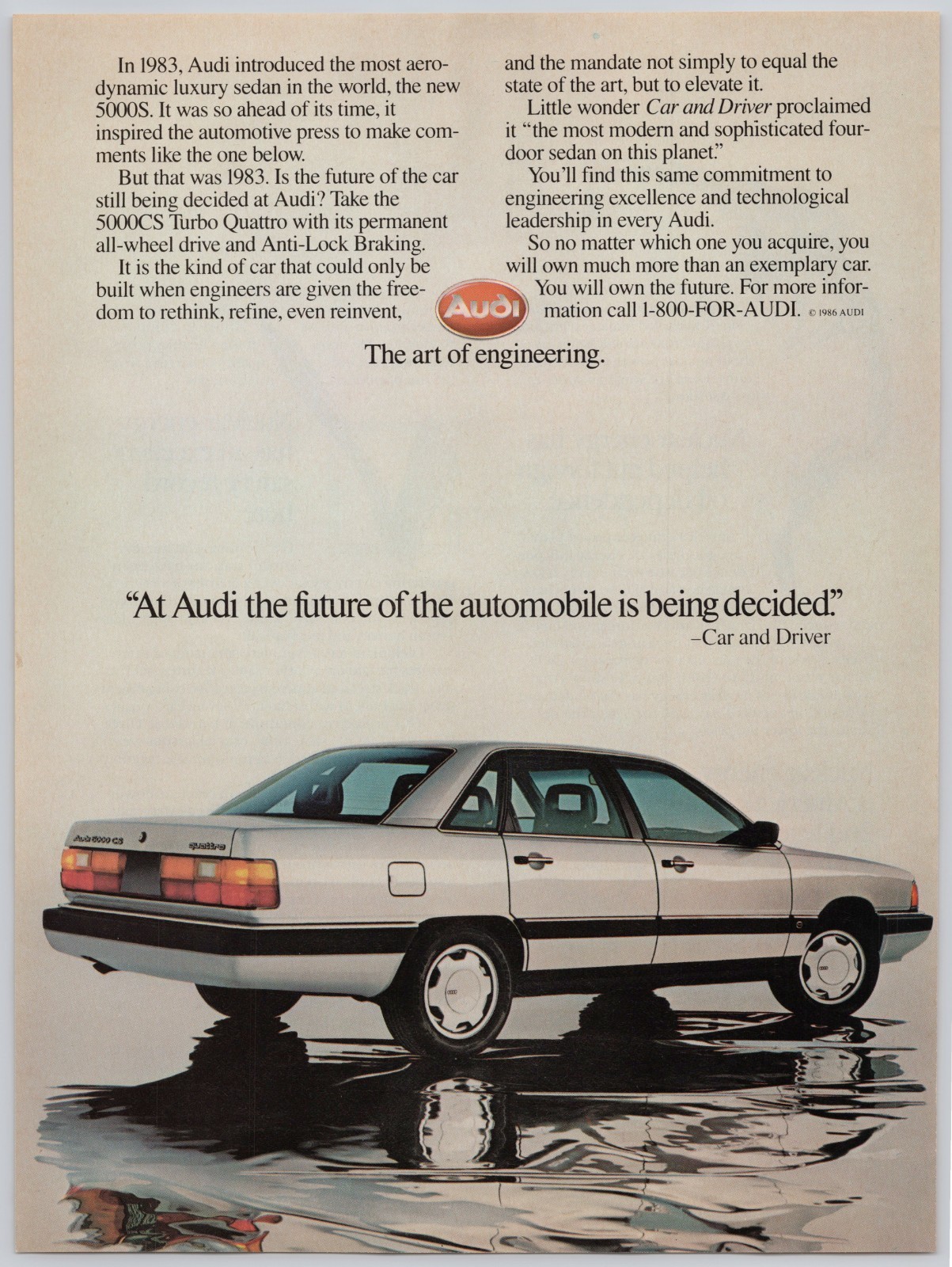 1986 Audi 5000CS Turbo Quattro Silver Vintage Print Ad 80s German Luxury Sedan