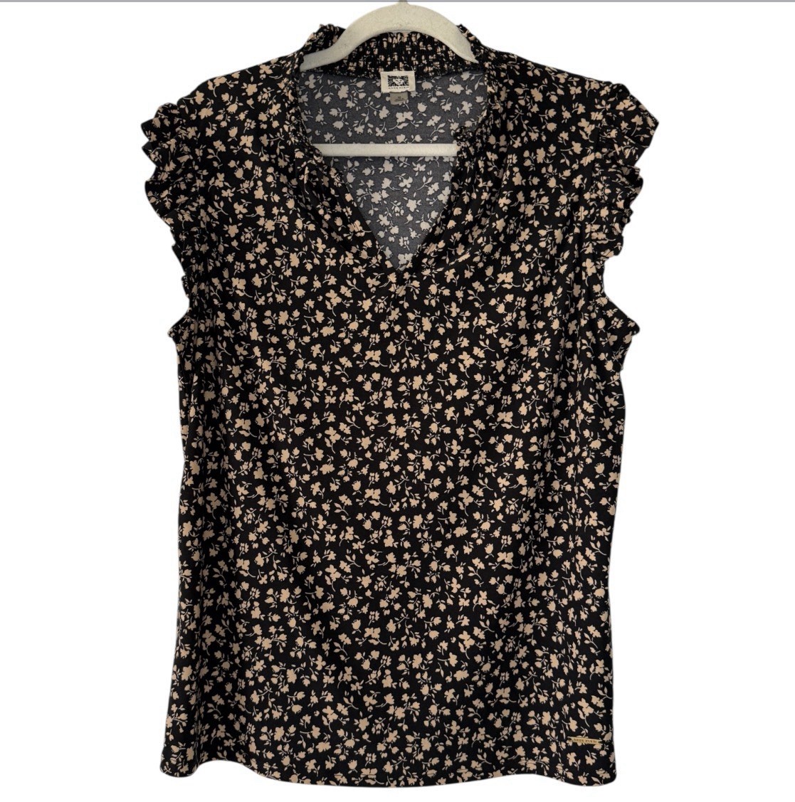 Anne Klein Black Beige Floral Ruffle Sleeve Sleeveless V-Neck Blouse Top M