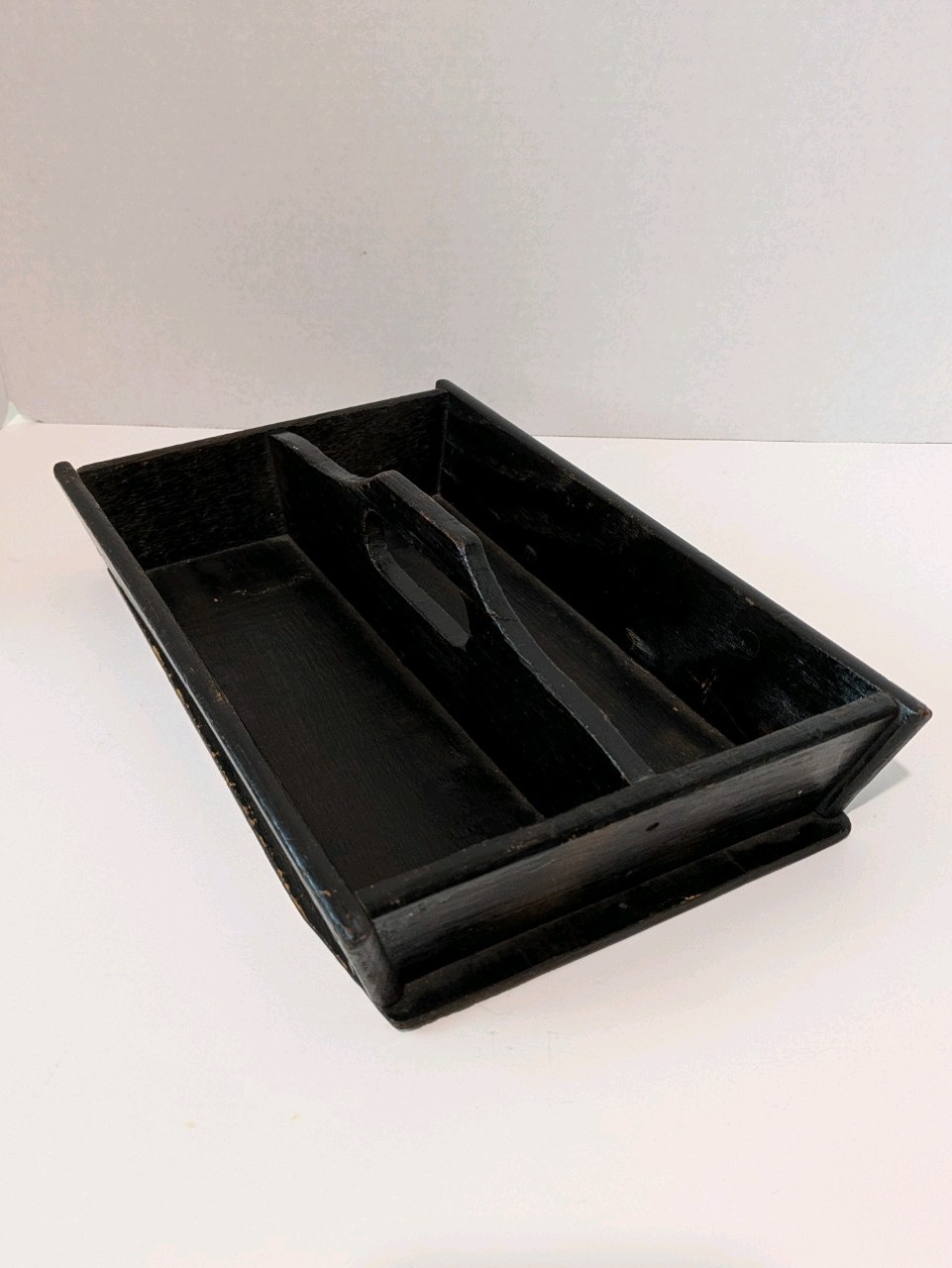 Vtg Primitive Wooden Cutlery Tote Caddy - Black Farmhouse Tool Tray 12" Handle