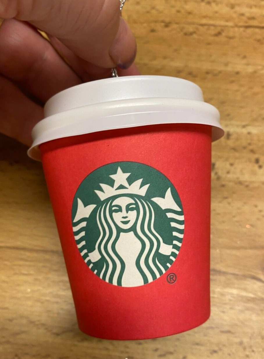 Starbucks Red Paper Coffee Cup w Plastic Cover Small Christmas Ornament 3"
