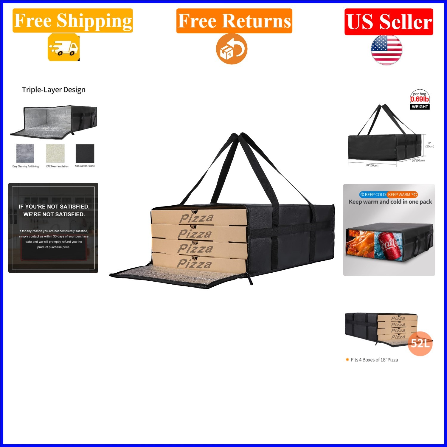 Insulated Pizza Delivery Bag 20x20x8 in Black for Hot Food, 52L Capacity