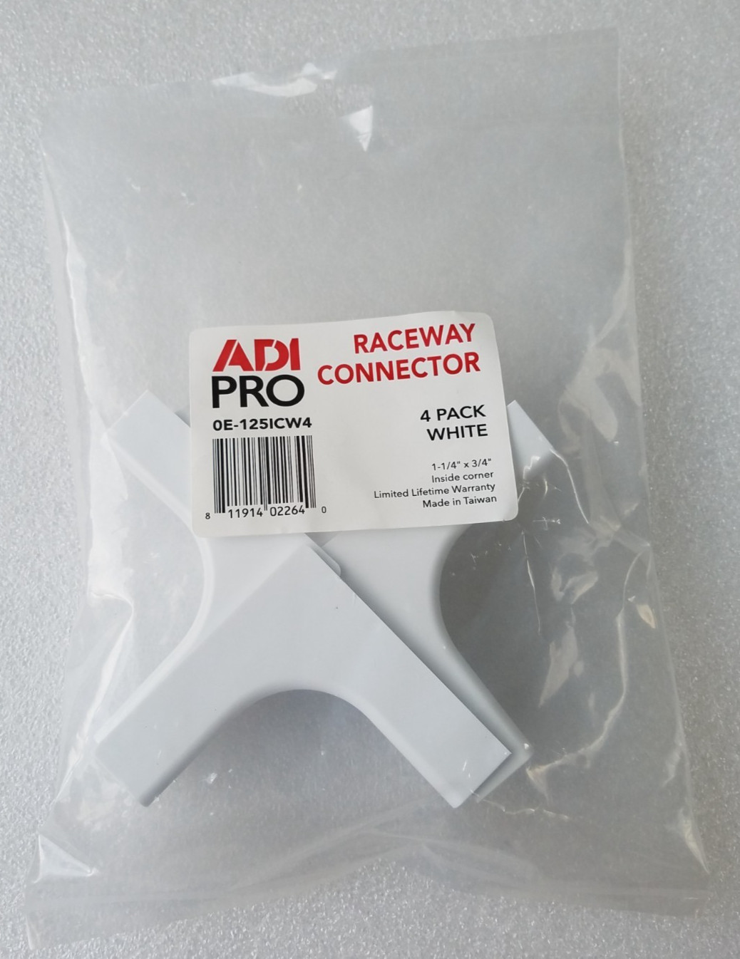 ADI PRO 0E-125ICW4 1-1/4" x 3/4" INSIDE CORNER RACEWAY CONNECTOR  - 4 PACK WHITE
