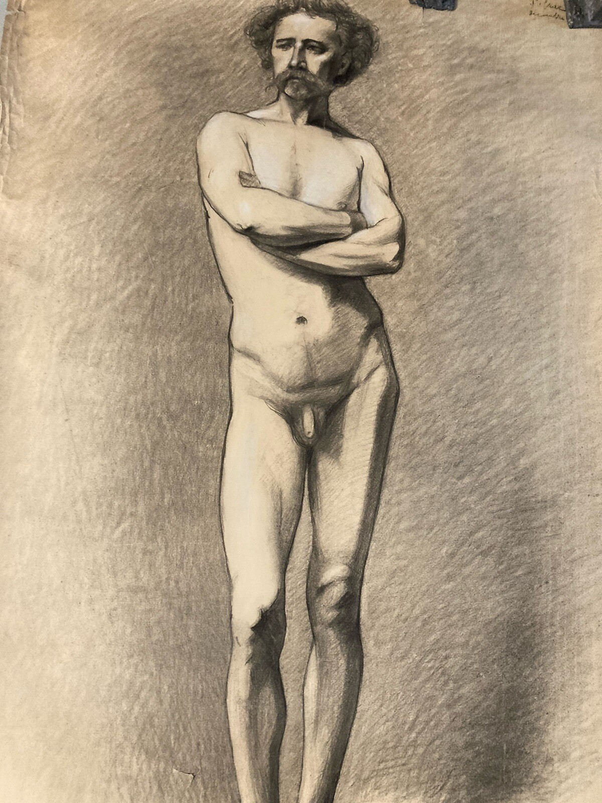 Grand Dessin XIXe a l antique homme Nu Moustache Papier crayon Art Ancien