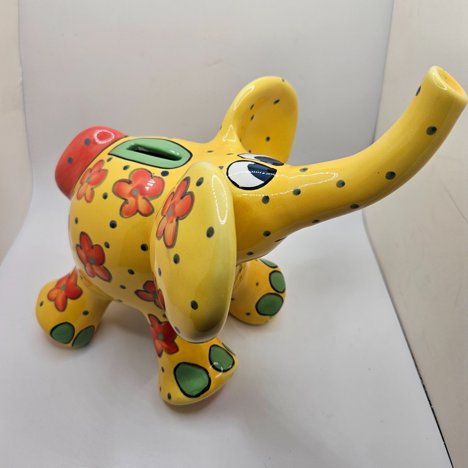 Colorful Ceramic Elephant Piggy Bank Floral Yellow Pop Art Coin Bank Decor