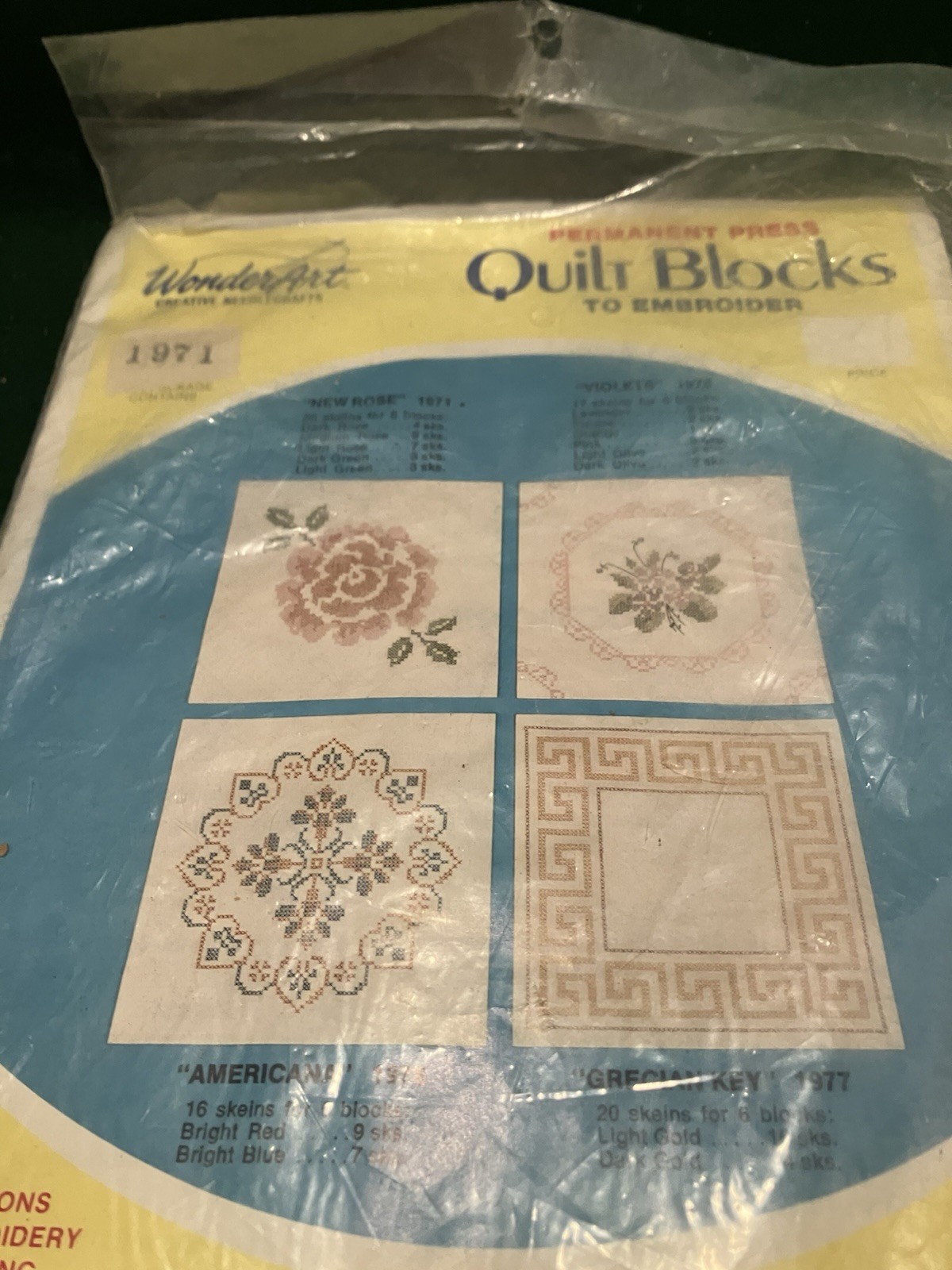 New WonderArt 6 Stamped Quilt Blocks #1971 New Rose 18”x 18” Embroidery NOS