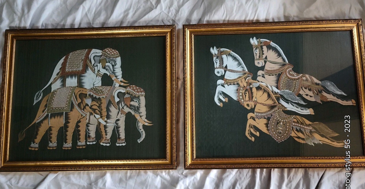 Vintage Asian Animal Wall Art Set Horse & Elephant Framed Textile Fabric Print