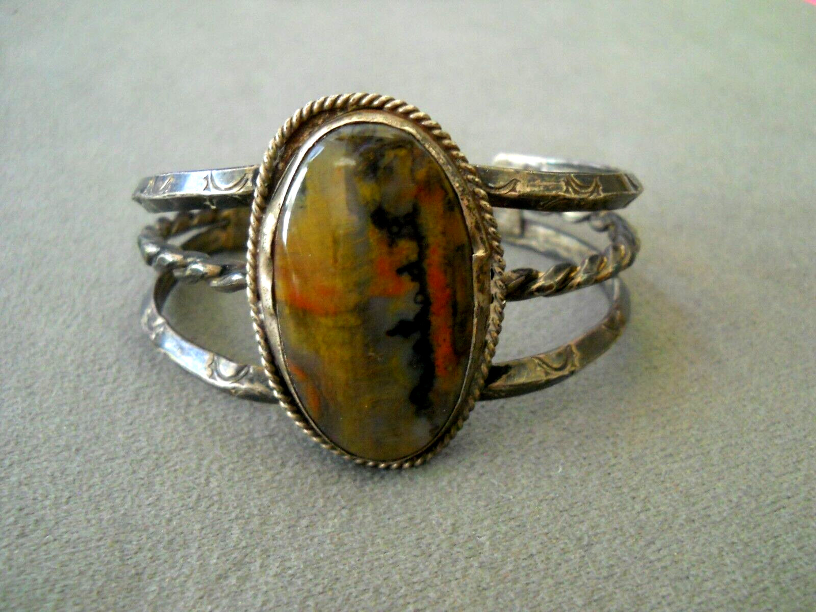 Old Southwestern Native American Navajo Petrified Wood Sterling Silver Bracelet