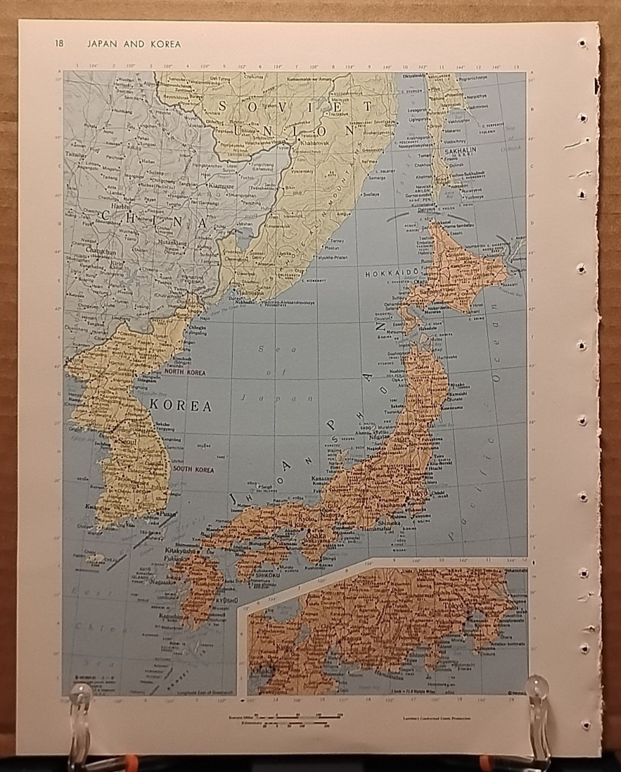 1966 Vintage JAPAN & KOREA Authentic MCM Atlas Map - Rand McNally World Atlas