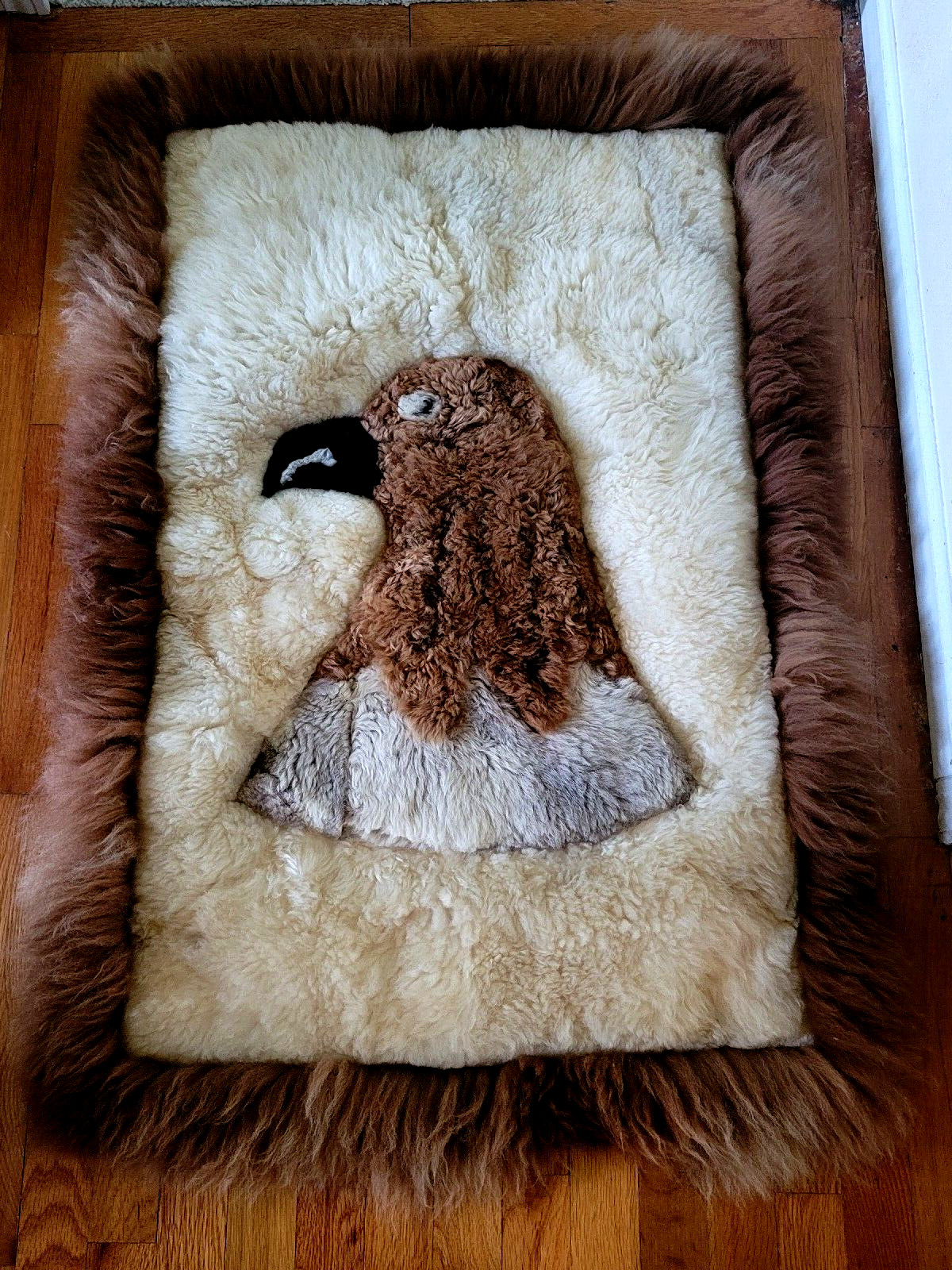 Vintage Unusual Alpaca Llama Eagle Head Fur Wall Hanging Rug  37 x 26
