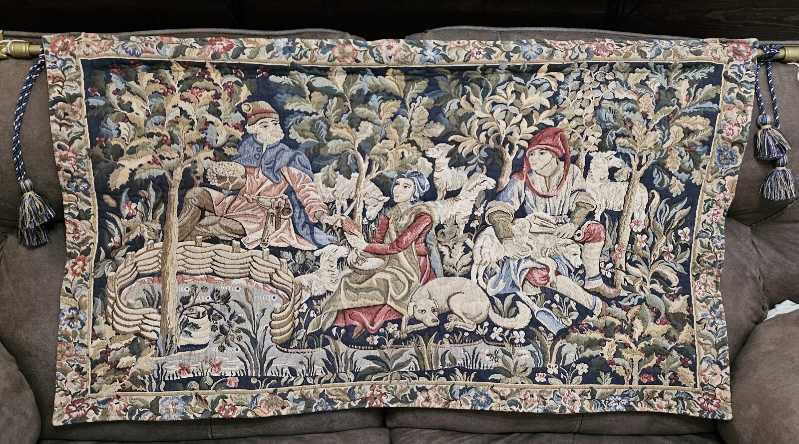 Vintage French Scenic Tapestry With Figures Dogs & Sheep 3ft.10in. x 2ft.2in.