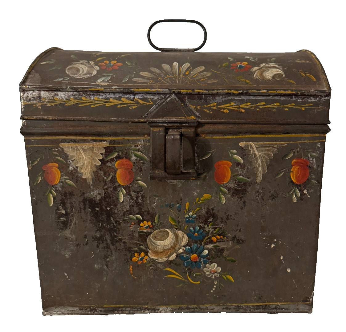 19th C Hand Painted Toleware Tin Box Latch Folk Art Floral Chest Primitive