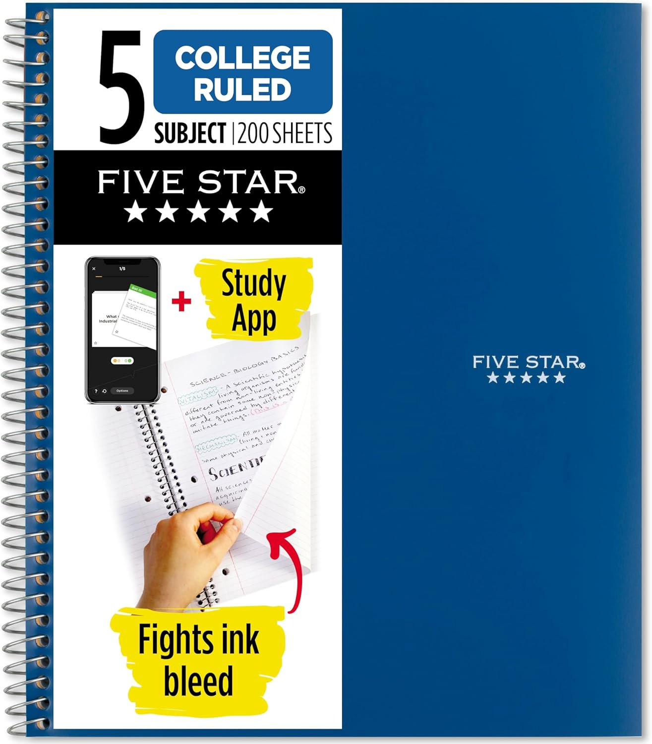 Spiral Notebook + Study App, 5 Subject, College Ruled Paper, 8-1/2" X 11", 200 S