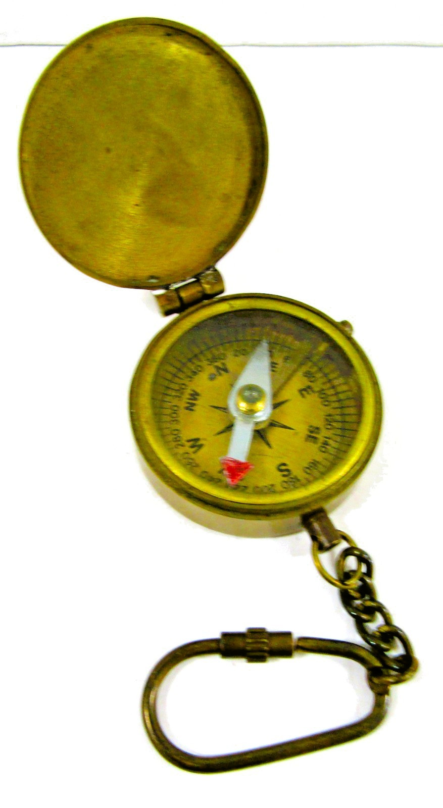 Antique Brass Lidded Compass with Keychain 1 3/4" Diameter