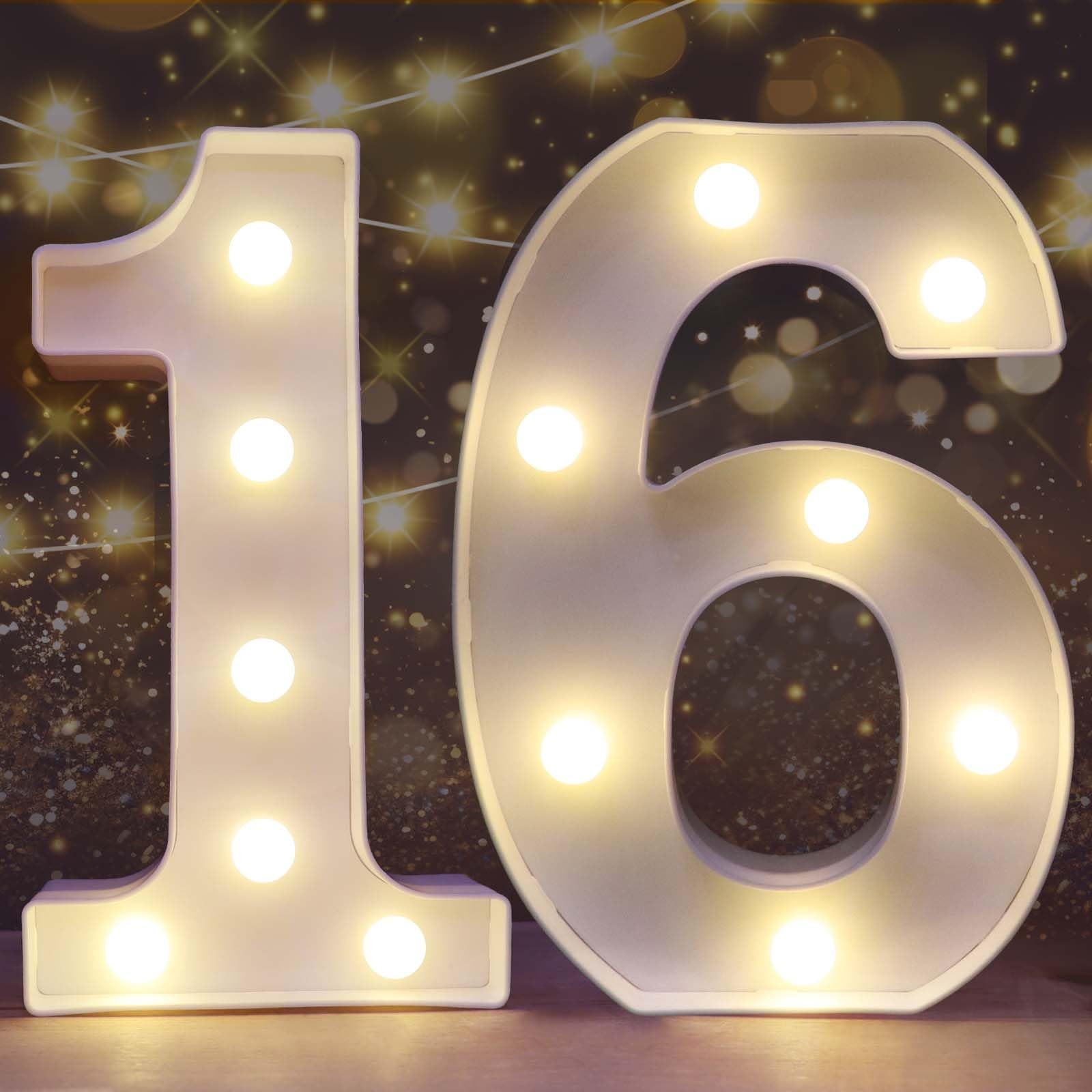 Number 16 Decorative LED Light Up Sign Marquee Birthday Party Decor Pooqla White