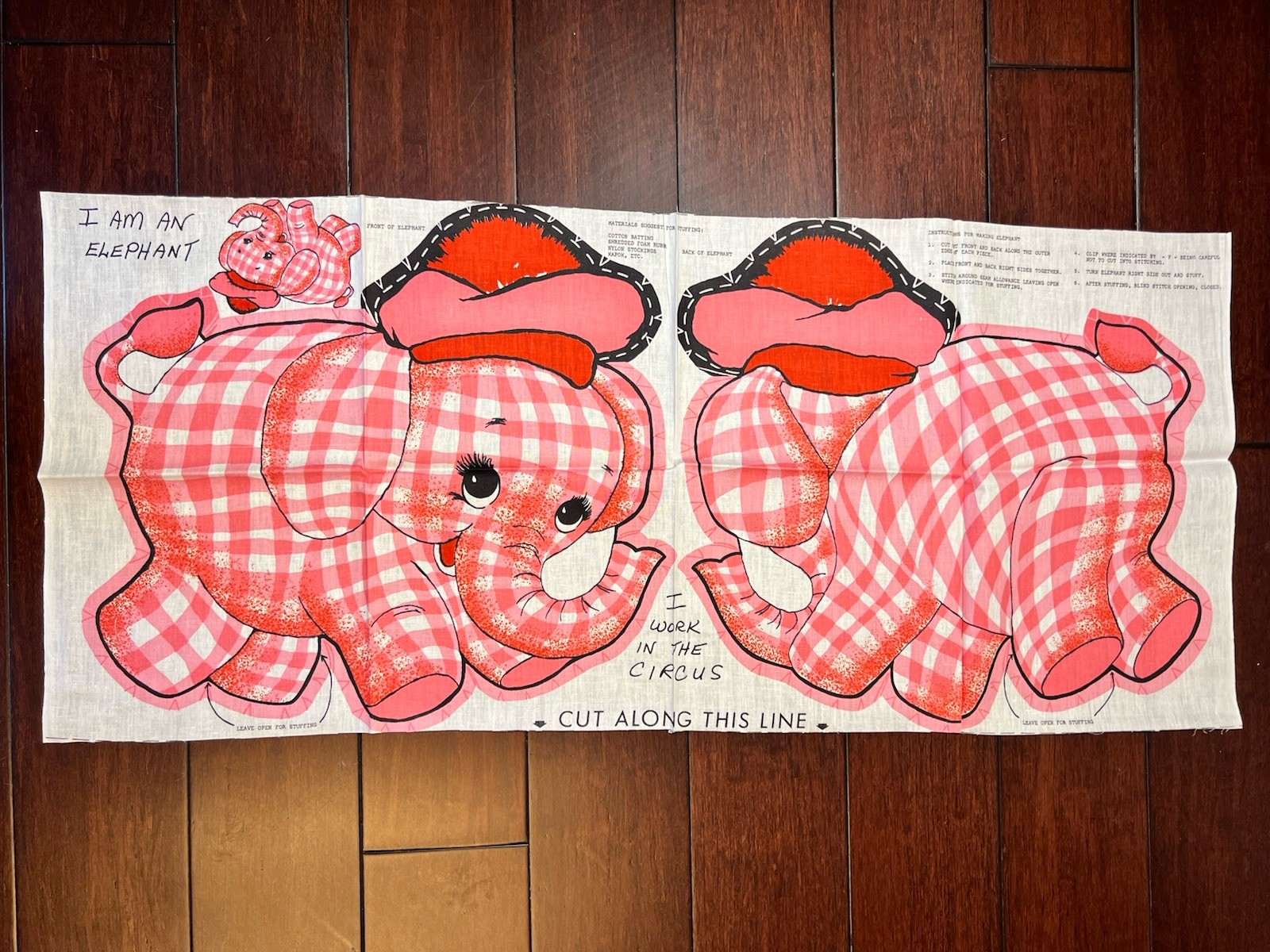 VTG 60s Pink Gingham Circus ELEPHANT 14 X 15 Fabric Panel Doll Pillow Cut n Sew