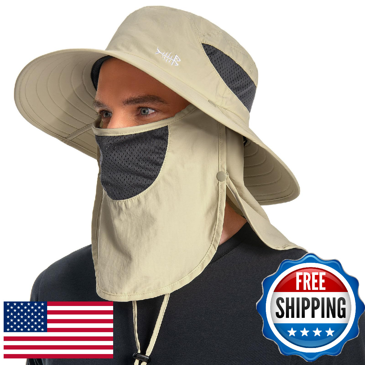 BASSDASH UPF 50+ Sun Hat w/ Removable Face Cover & Neck Flap, Wide Brim