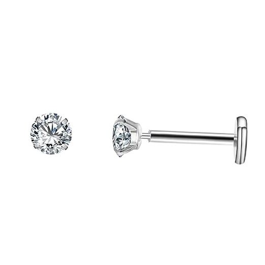 G23 1Titanium 18G Flat Back Stud Earrings,2 Pcs CZ Silver,18G*6mm 2mm CZ
