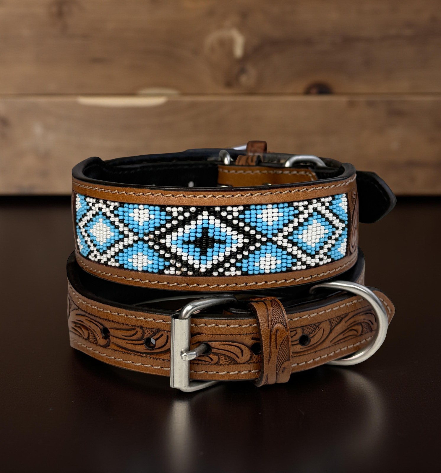 Beaded Genuine Leather Dog Cat Puppy Collar Hand Tooled Crafted Padded