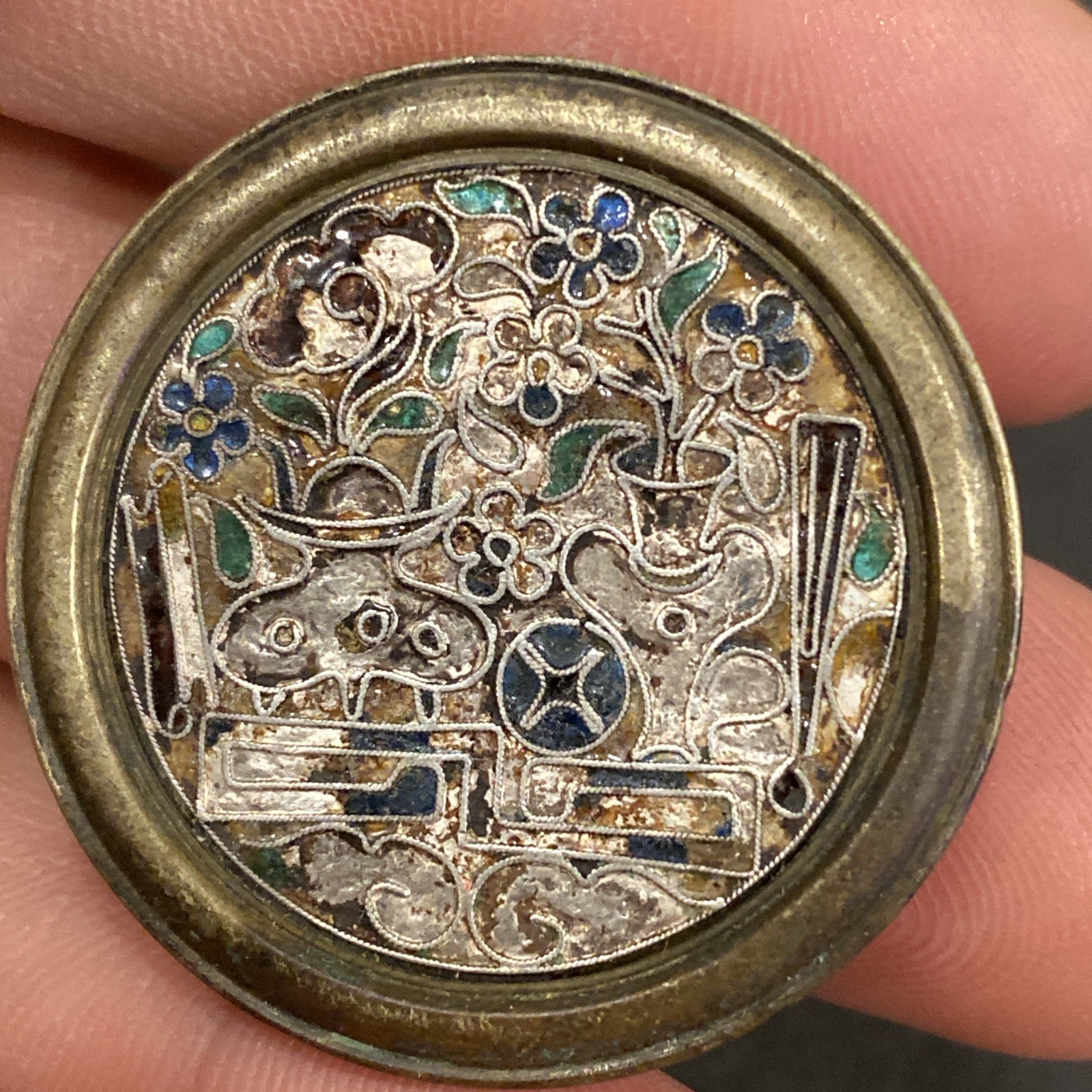 Antique Nickel Silver Flower Pot Wire Cloisonné Enamel Trinket Snuff Pill Snuff