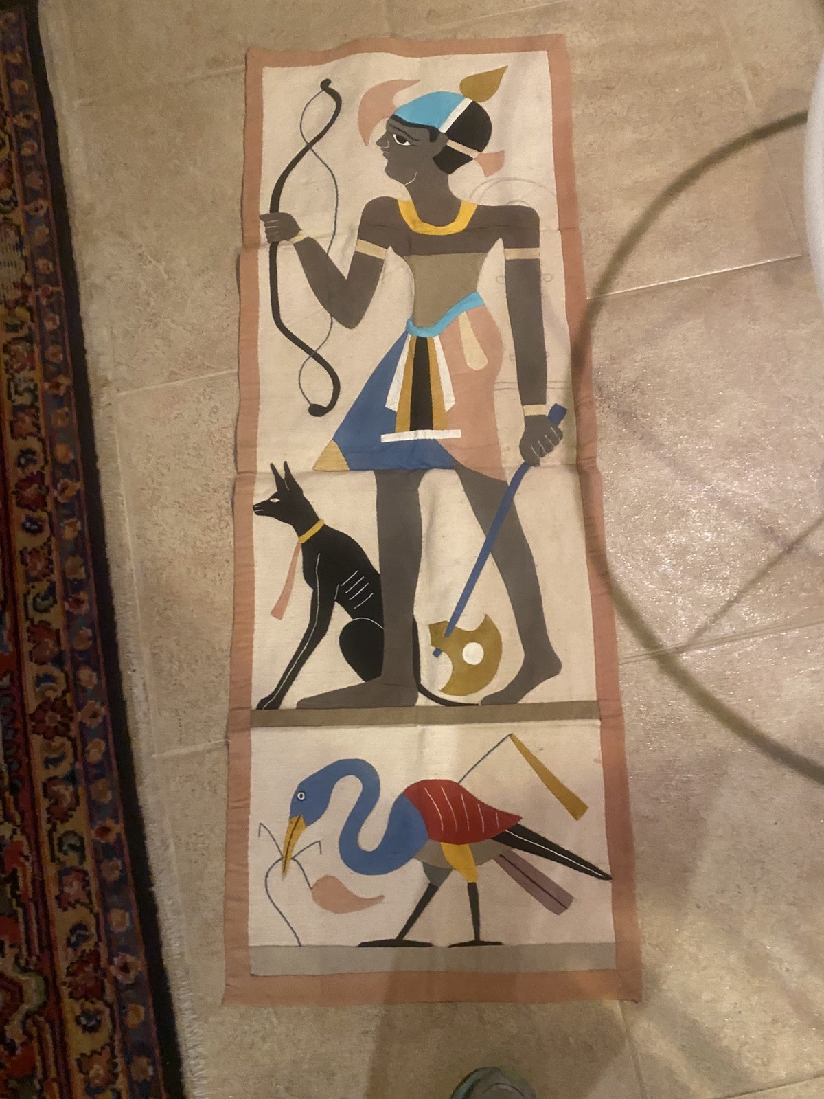 Antique 1950s Egyptian Revival Appliqué Textile Wall Hanging Folk Art Vertical 