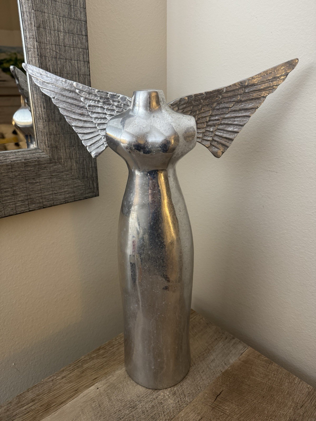Brutalist Angel Silver Metal Figure Figurine Wings Majestic Tall Art Decor