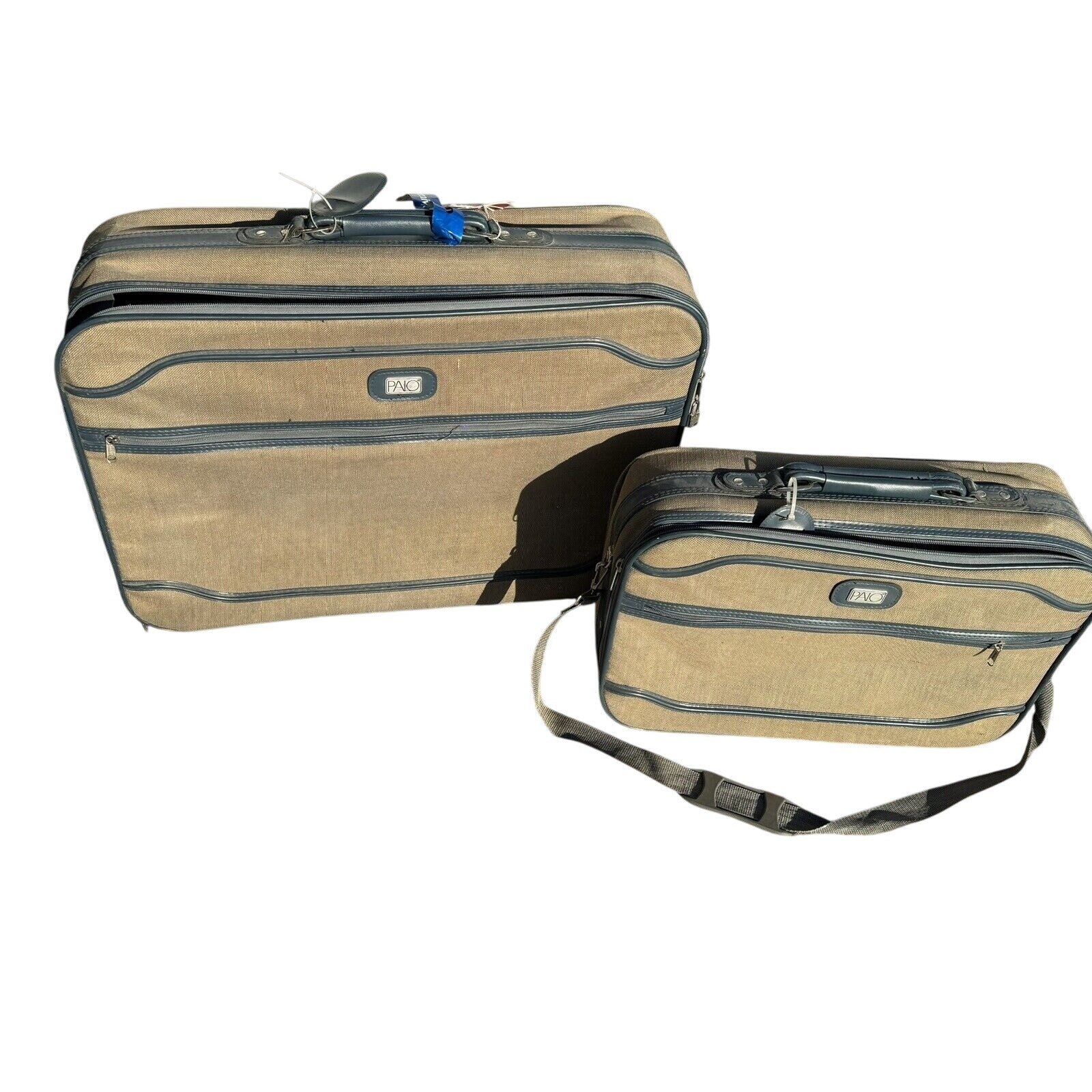 Vintage Palo Brand Luggage 2 Piece Set Beige Canvas Carry On & Checked Suitcases