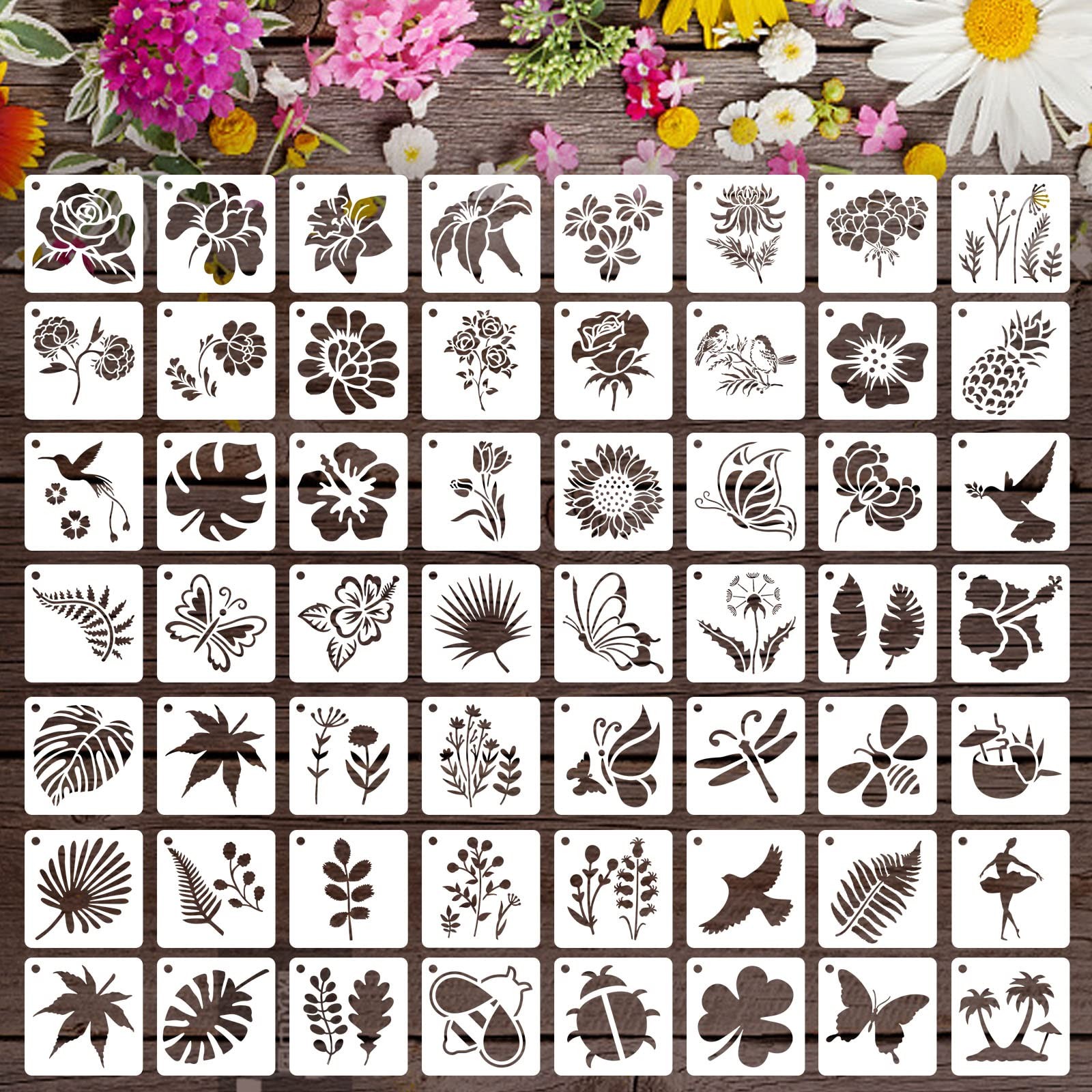 Augshy 56 Pack Flower Stencils for Wood, Butterfly & Bird Wall... 