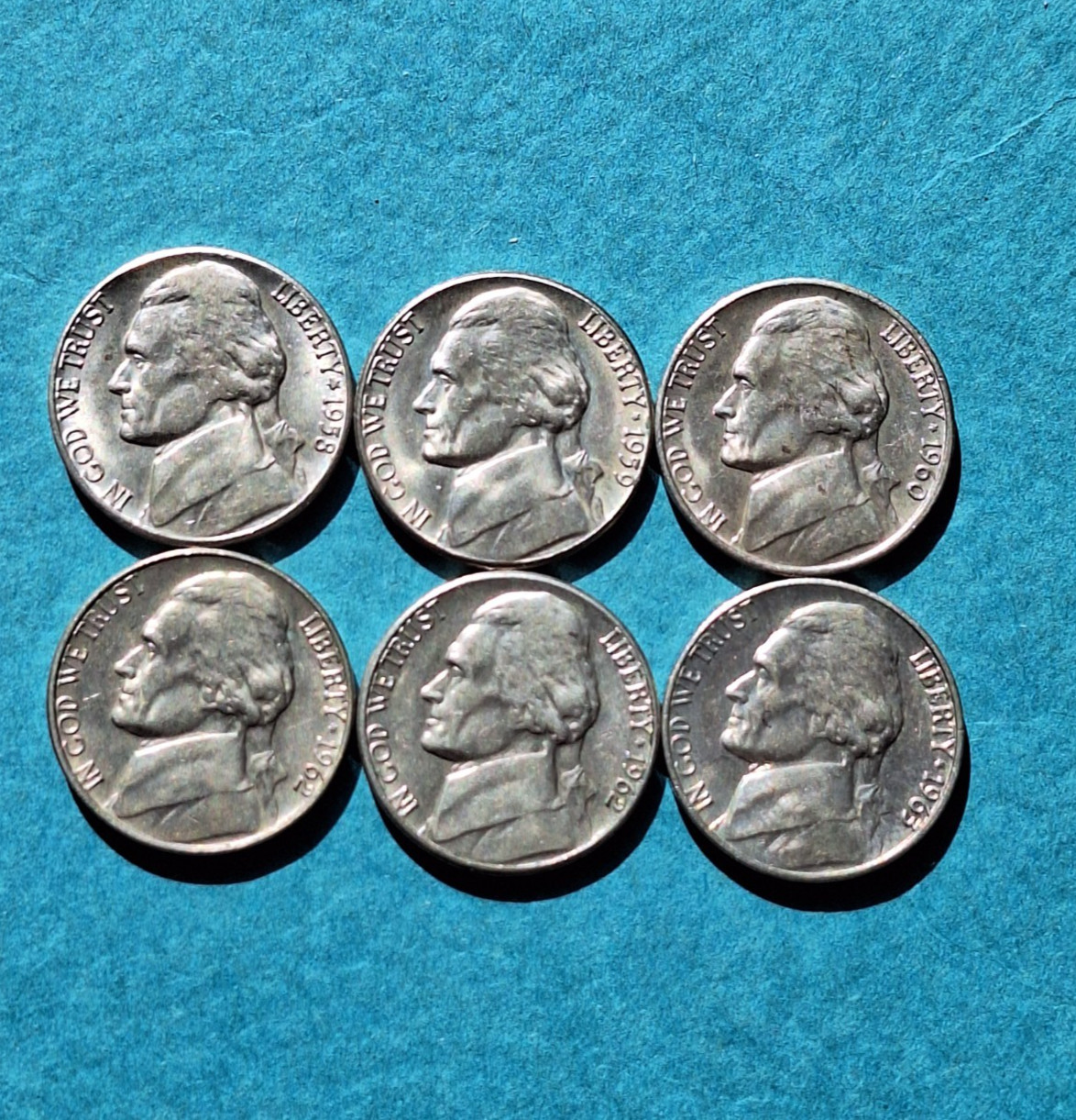 Lot of 6 Jefferson Nickels 1958-D 1959-D 1960-D 1962 1962-D 1963 VF or Better