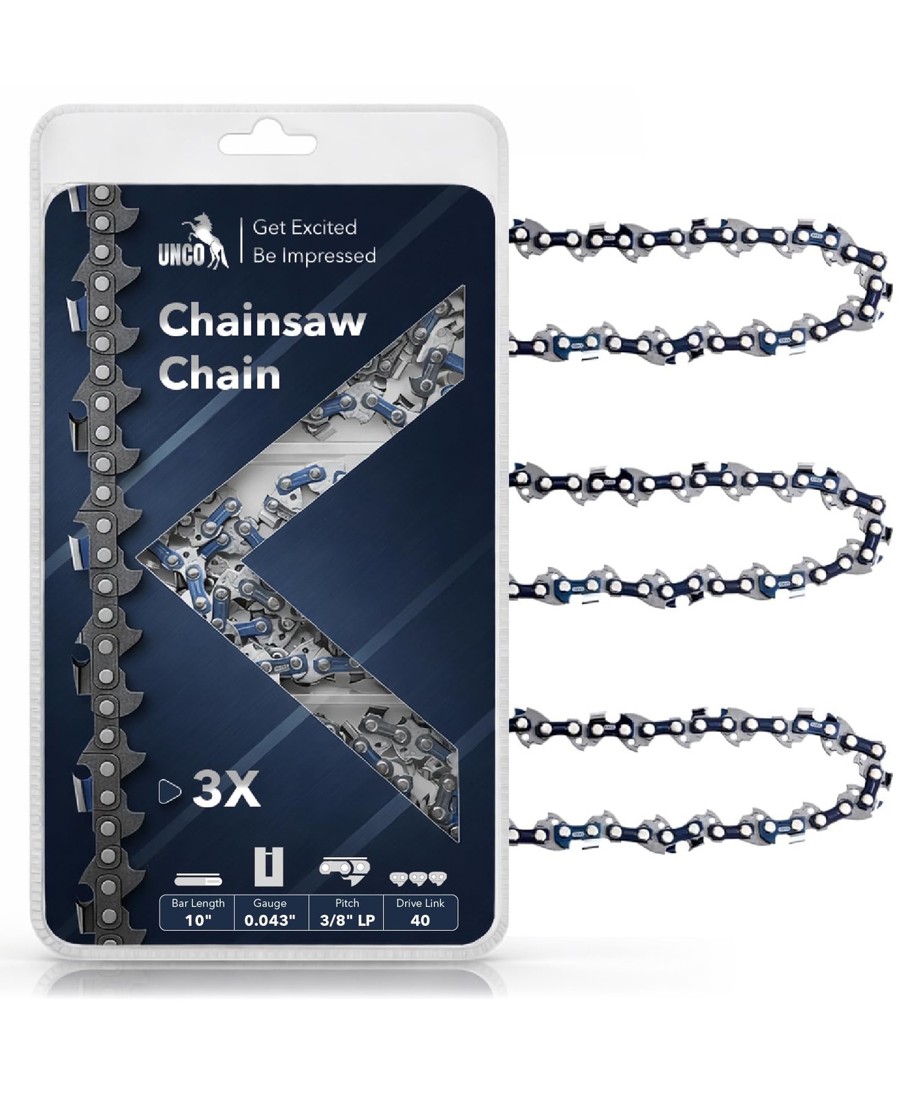 UNCO Chainsaw Chain, 10 Inch, 3 Pack, 3/8" LP Pitch, 0.043" Gauge, 40 Drive L...