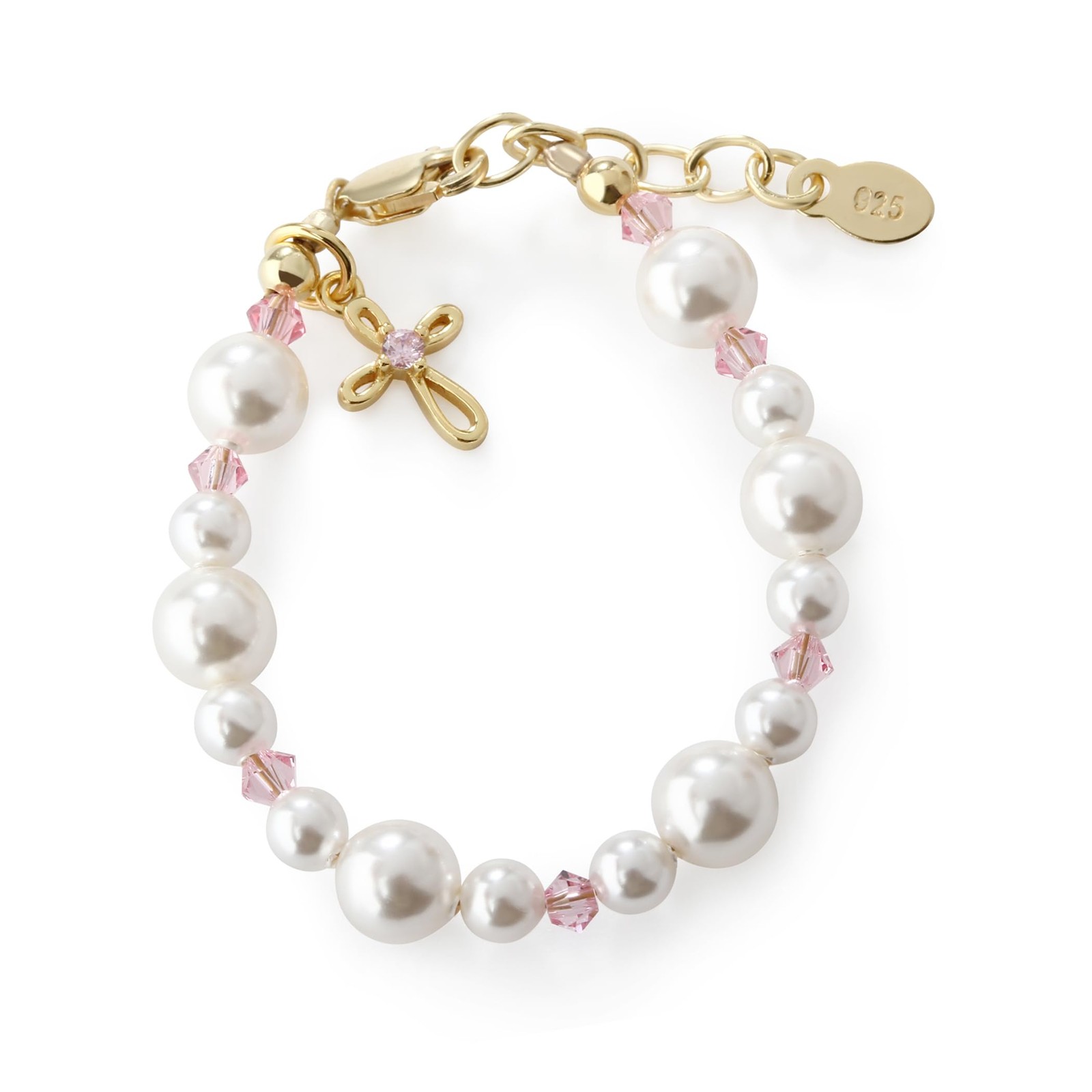 Little Girls 14K Gold-Plated Pink Baptism Baby Bracelet with Cross and Simula...