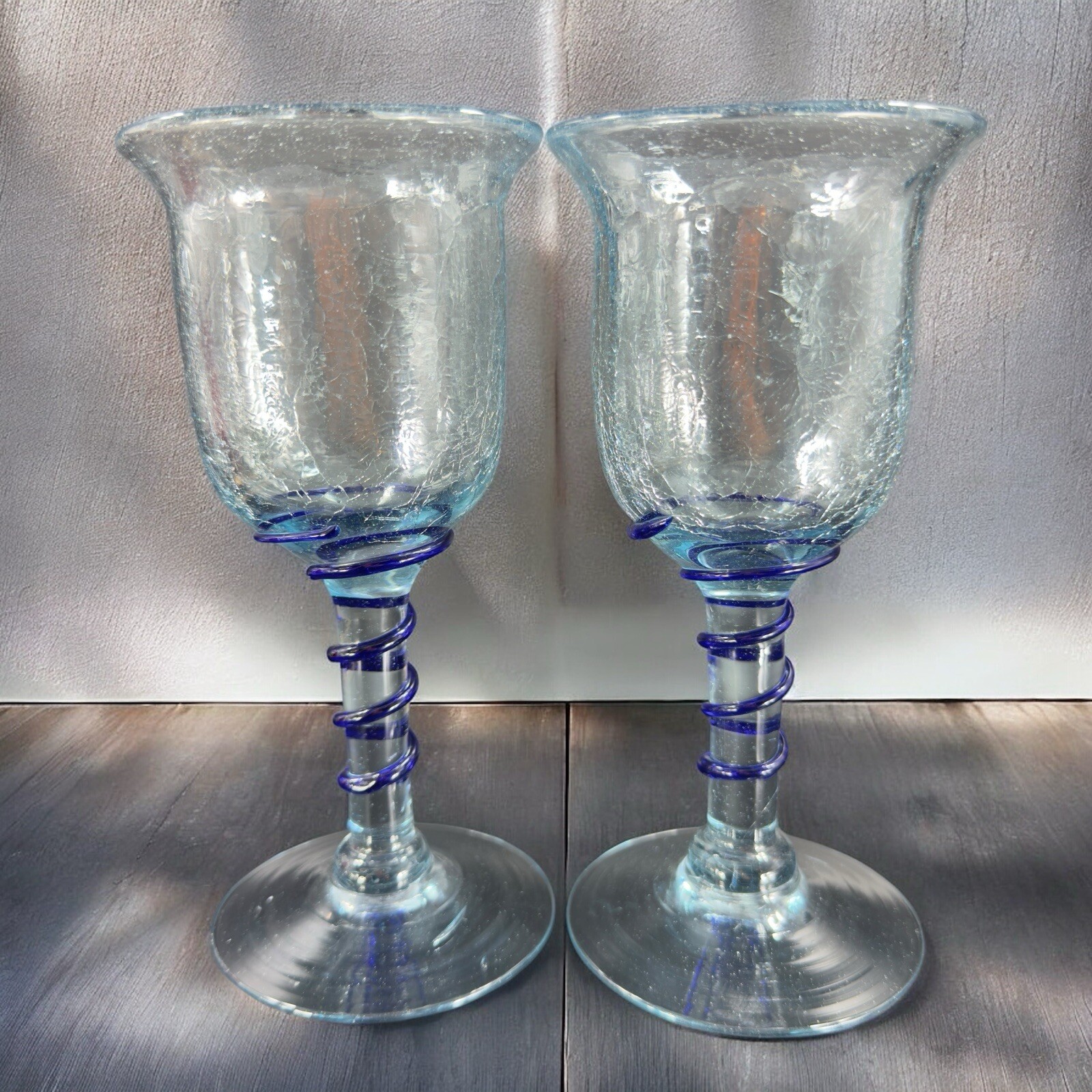 Hand Blown Crackle Glass Goblet Drinking Glasses Set 2 Clear Blue Swirl Goblets