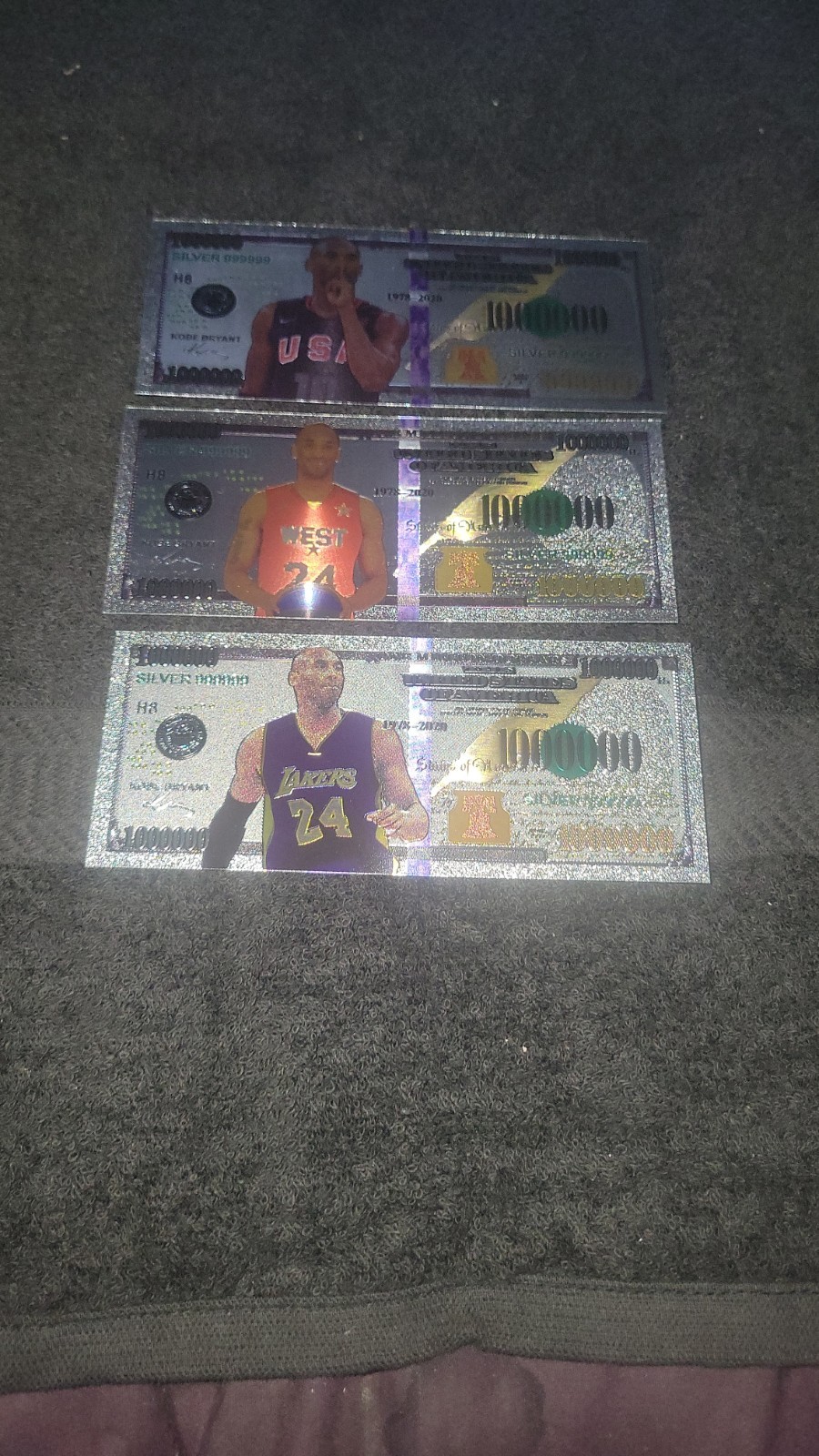 Lot Of Three Kobe Bryant .999 Silver Foil $100000 Novelty Bank Note