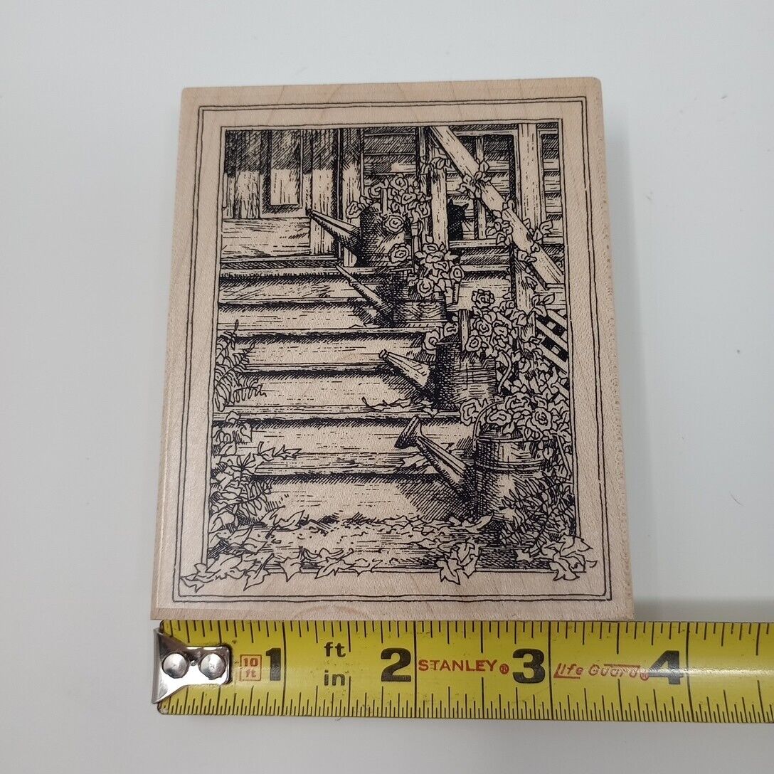 Impression Obsession Watering Cans On Stairs G1767 Wood Mounted Rubber Stamp