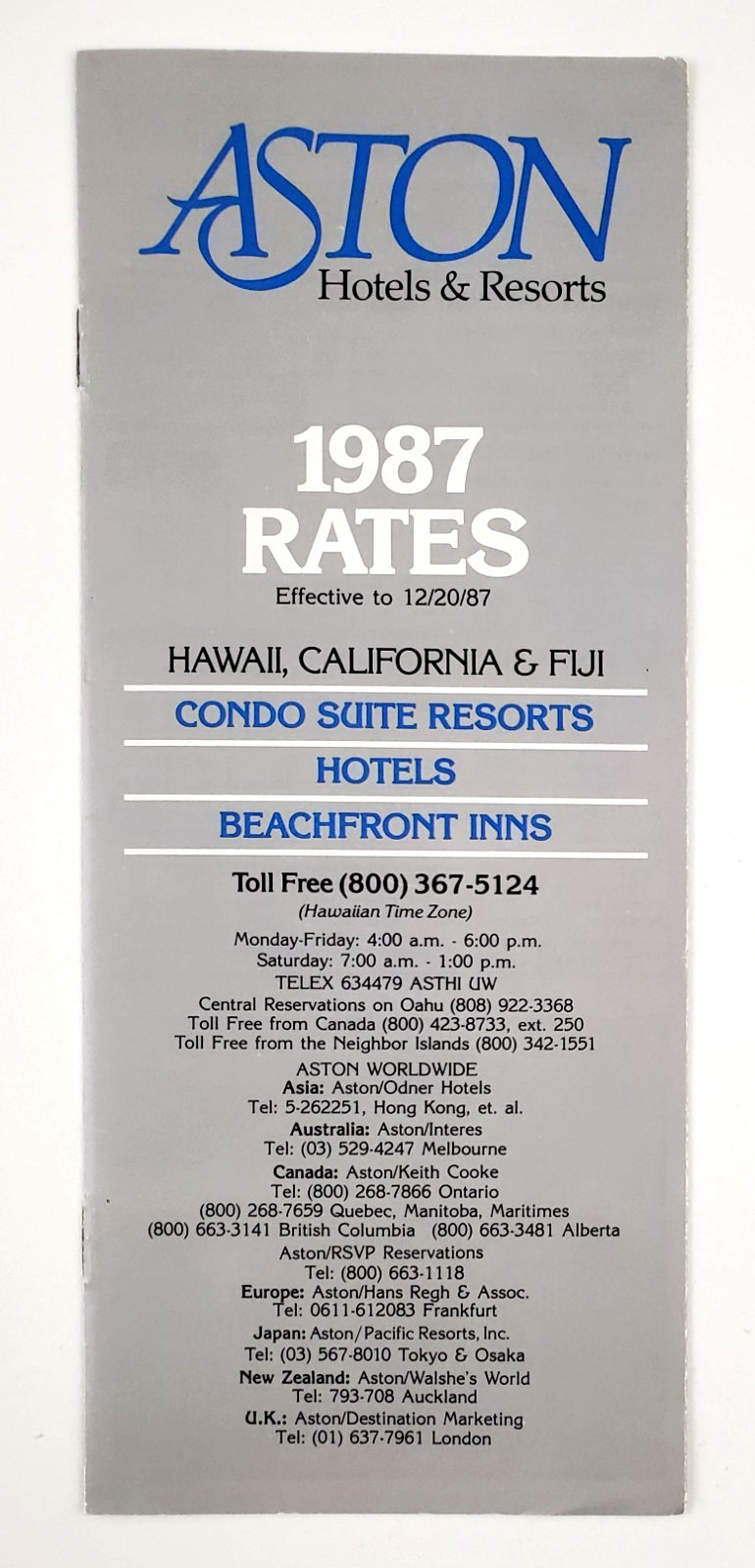 1987 Hawaii California Fiji Aston Hotels Resorts Inns Vintage Travel Brochure