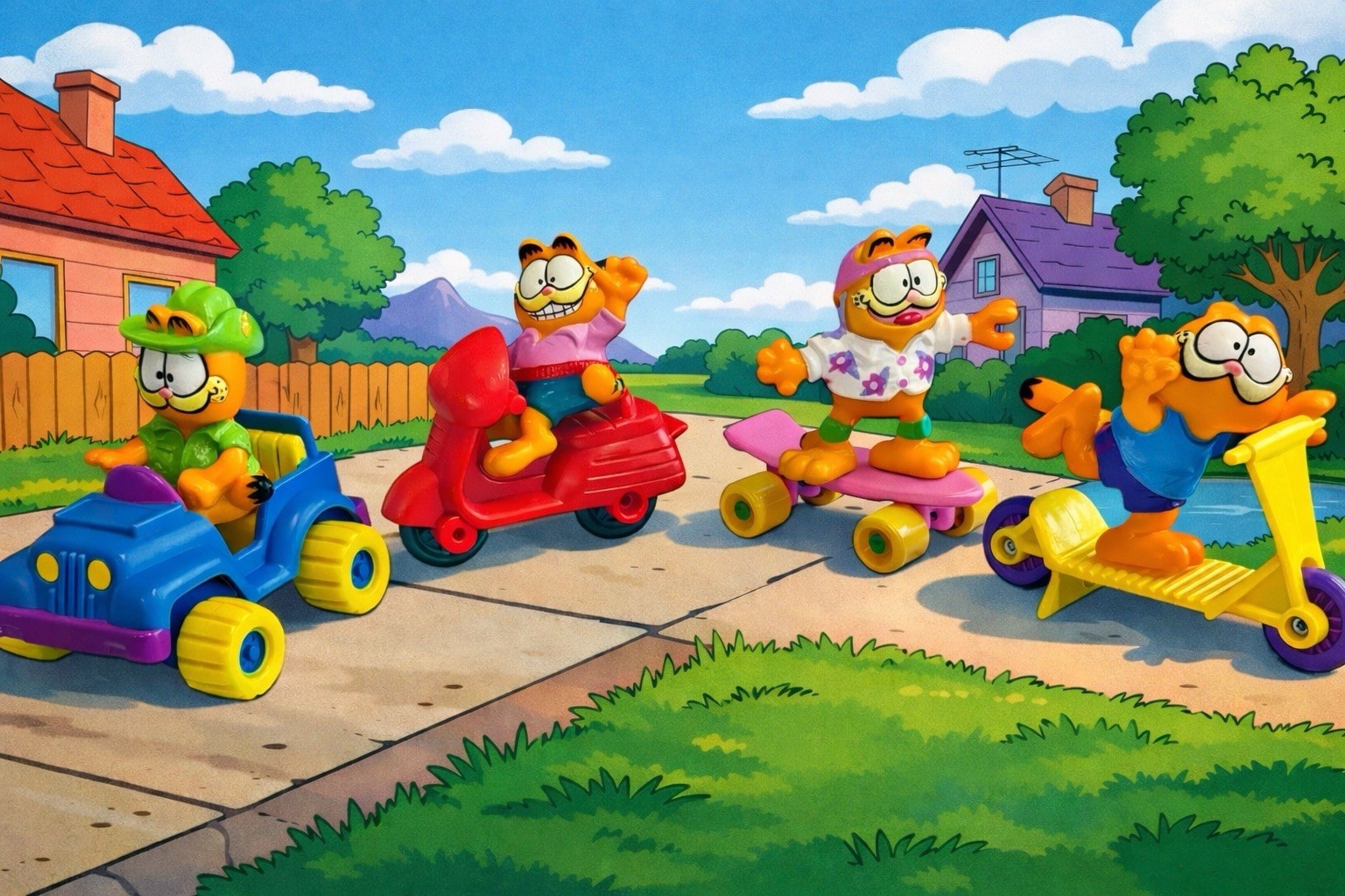 Vintage 1980's McDonalds Garfield Happy Meal Toy Complete Set Of 4 (8 Pieces)