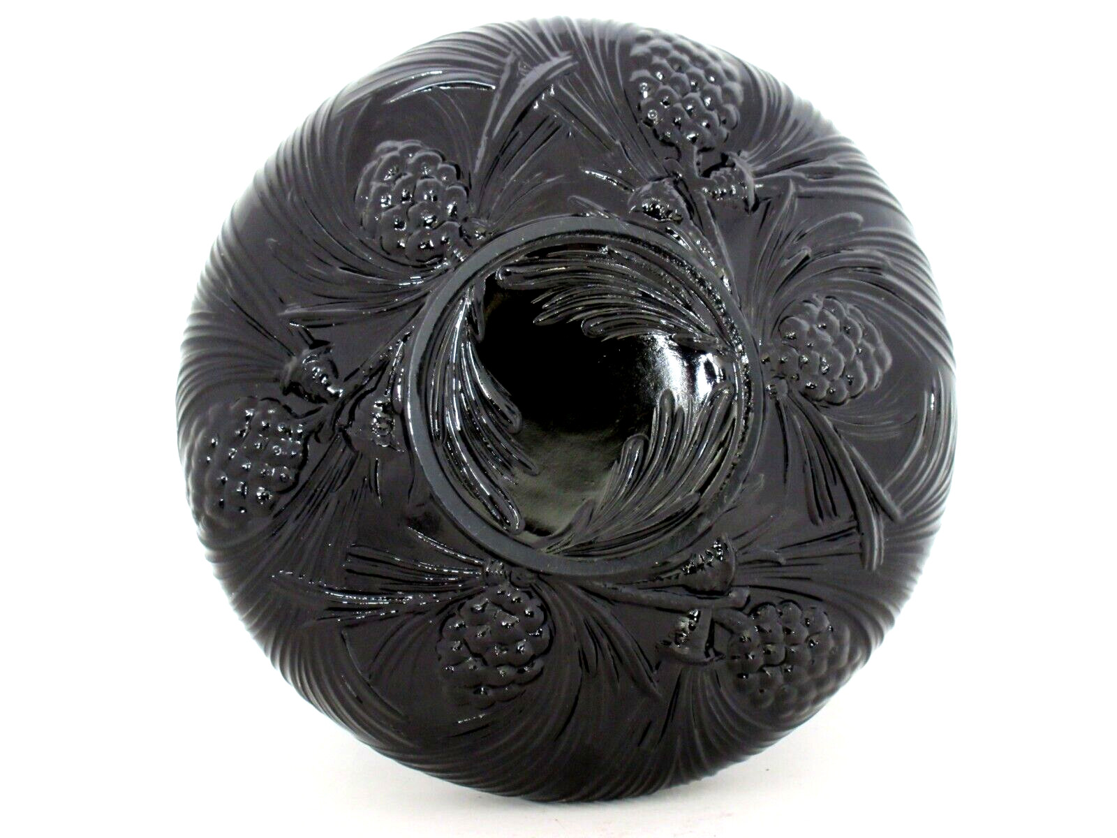 Old Vintage Jobling Black Art Glass Fircone Pattern Low Bowl 8" dia
