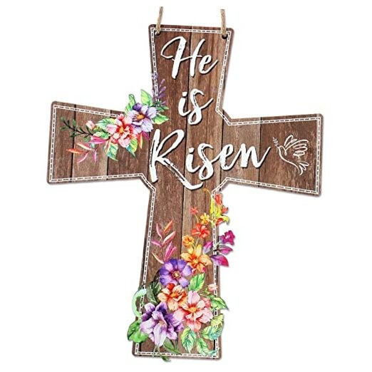  He is Risen Door Hanger Wooden Easter Door Sign Floral Christian Jesus Cross 