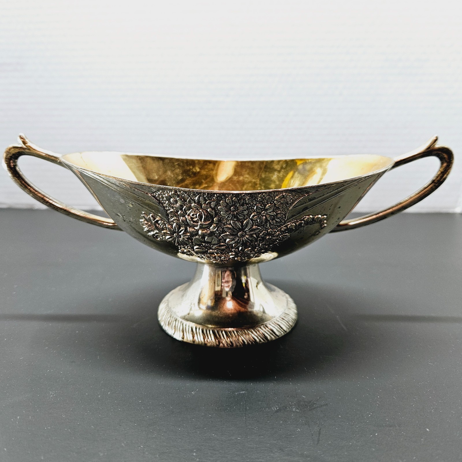 Heavy Silverplate? / Metal Oblong Pedestal Bowl with Handles with Hallmark