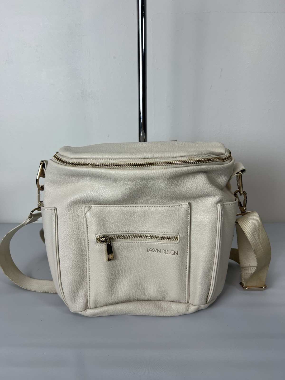 Fawn Design Mini Backpack Diaper Bag Vegan Leather Cream Gold Hardware Dirty!