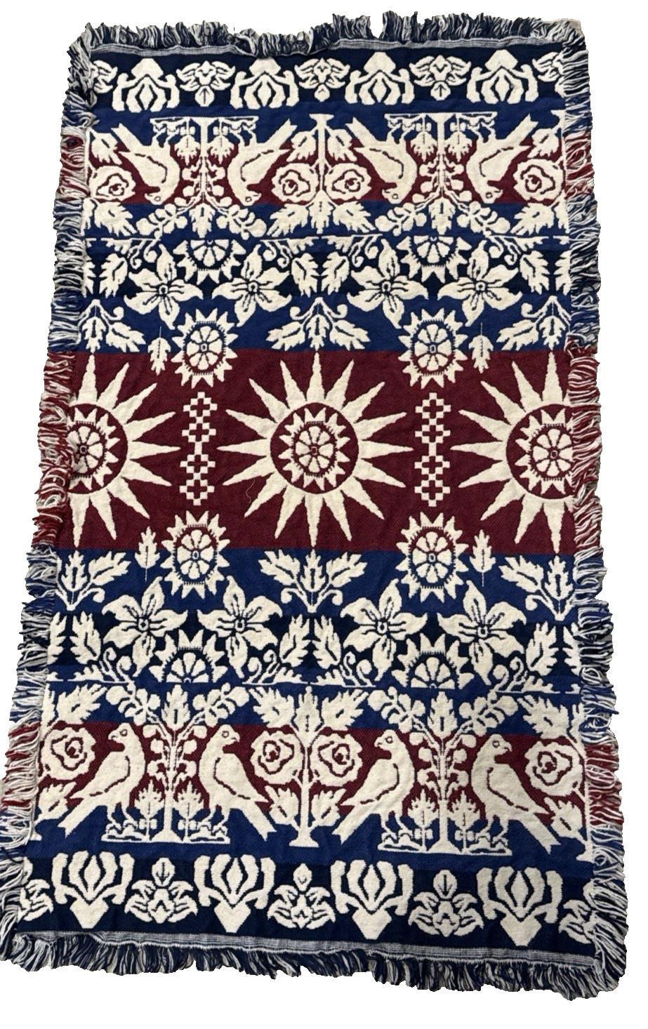 Vintage Americana Folk Art Bird Woven Rug Red Blue Cream Jacquard Fringe 40x25