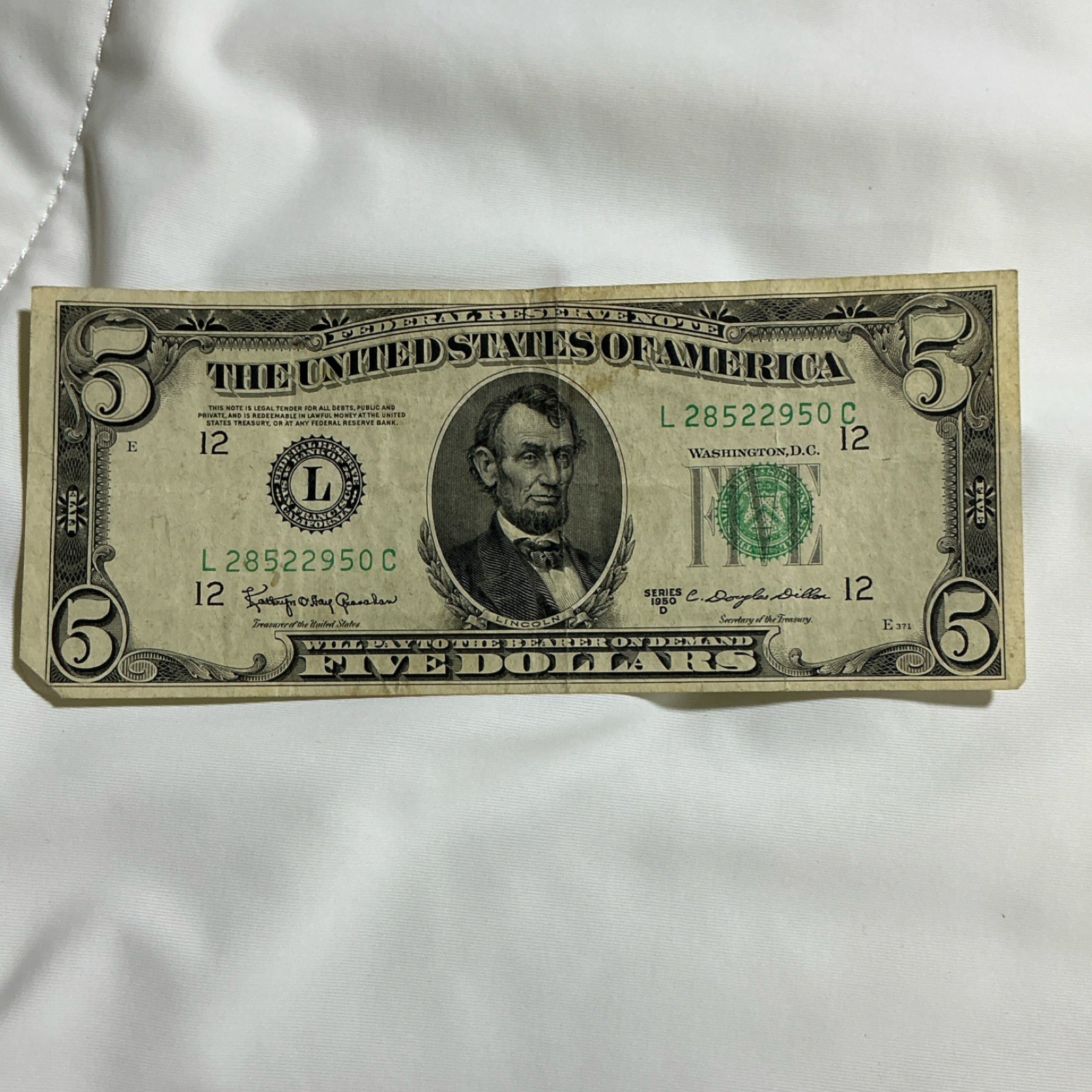 Federal Reserve 1950 $5 Circulated Banknote L28522950C Uncertified Ungraded