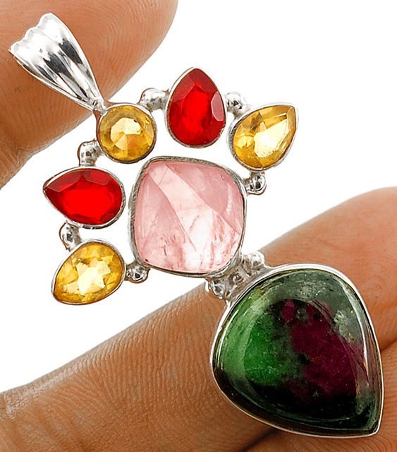 Natural Zoisite & Multigemstone 925 Solid Sterling Silver Pendant 