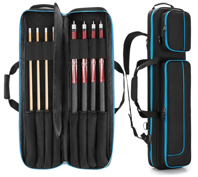 4x4 Pool Cue Case Holds 4 Butts & 4 Shafts, Front Pocket, Shoulder Strap Bag