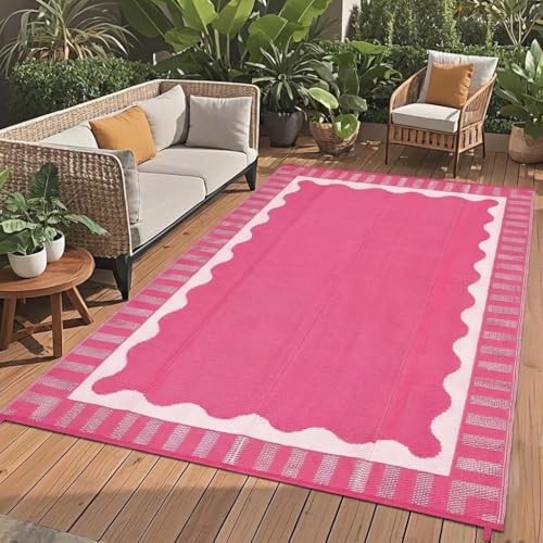  Scalloped RV Rugs for Outside 8x10 Patio Rugs Outdoor Waterproof, Modern 